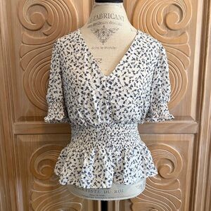 Blue & White Floral Print Smocked Peplum Top Size Large